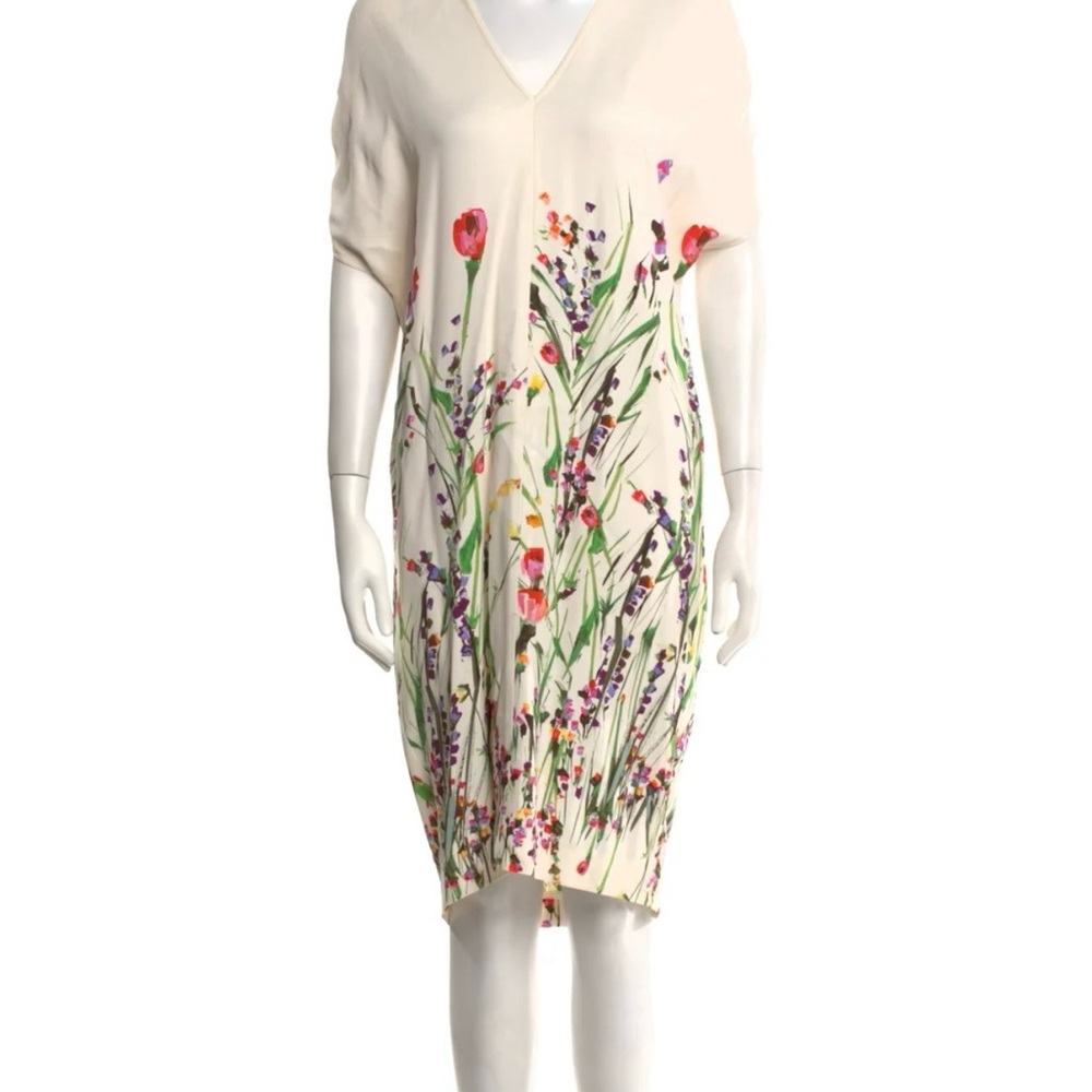 Lela Rose Cream Midi Dress with Pink & Purple Floral Brushstrokes